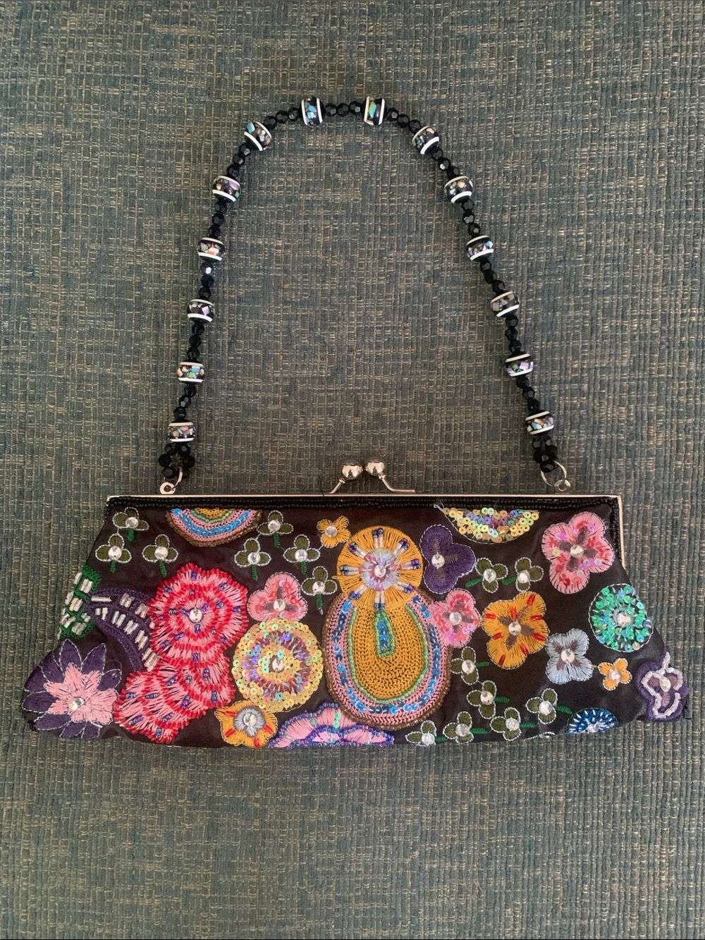 VINTAGE INSPIRED FLORAL BEADED BAG CHAIN SHOULDERBAG BLACK NEW